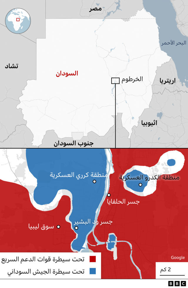 خريطة توضح مناطق السيطرة حول العاصمة السودانية الخرطوم.