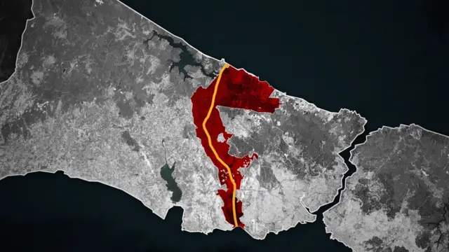 Yenişehir rezerv alanı ve Kanal İstanbul'un güzergahını gösteren grafik 