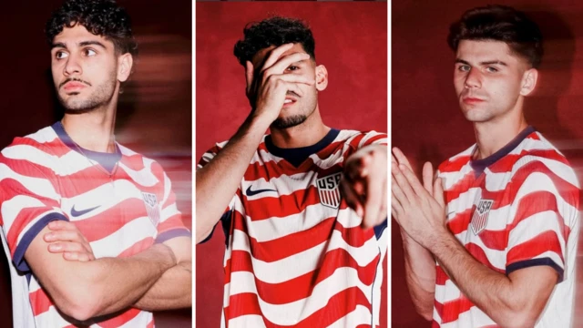 Johnny Cardoso (left), Ricardo Pepi (middle) and Max Arfsten (right) wear 2026 USA home shirt.
