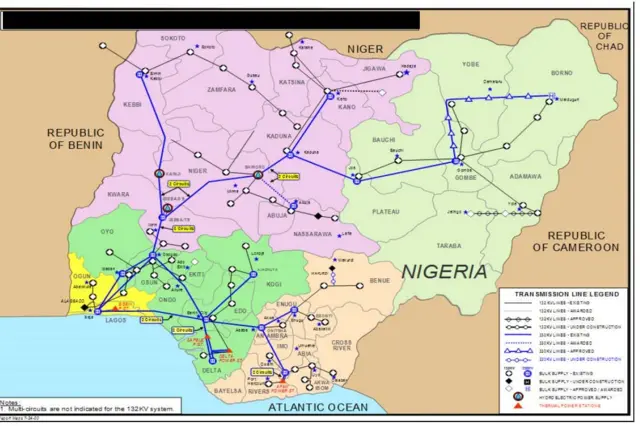 Dis na Transmission Company of Nigeria chart wey dey showhow di electric line cnnect di country.