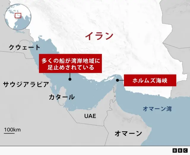 ホルムズ海峡を中心とした周辺国の地図。湾の北側にはイランがある。反対側のアラビア半島には、西から南に順にクウェート、サウジアラビア、カタール、UAE、オマーンが海に面している。
