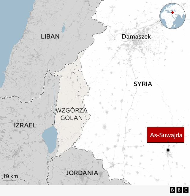A BBC map showing Syria, Israel, the occupied Golan Heights and Suweida city