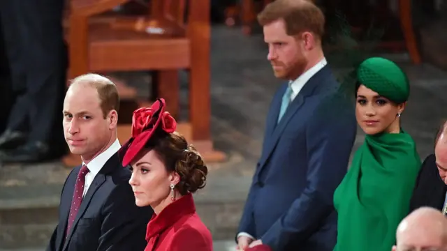 威廉王子(Prince William)、凯瑟琳(Catherine)、哈里王子(Prince Harry)与梅根(Meghan)于2020年在西敏寺(Westminster Abbey)。
