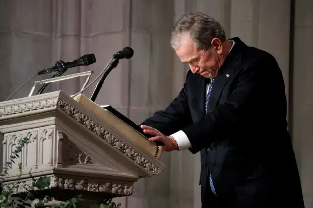 Former President George W Bush speaks at the state funeral for his father, former President George HW Bush