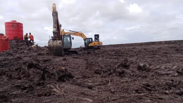 Dua buldoser terlihat di salah-satu lahan Proyek Strategi Nasional (PSN) cetak sawah satu juta hektare di Merauke, Papua Selatan.