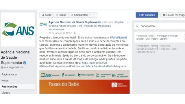 Imagem mostra texto postado no Facebook da ANS