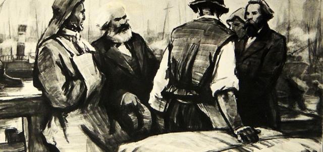 Friedrich Engels (direita) com Karl Marx (esquerda) falando com os trabalhadores portuários