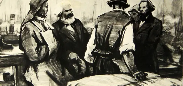 Friedrich Engels (derecha) con Karl Marx (izquierda) hablando con los trabajadores portuarios.
