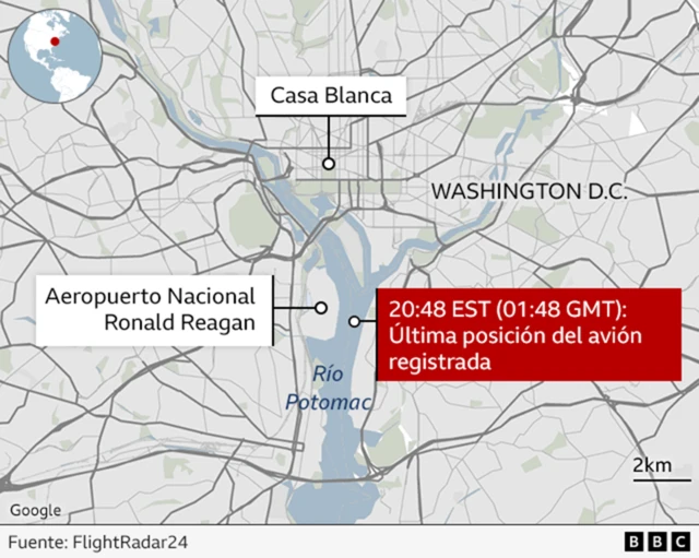 Mapa de la ubicación del choque entre el avión y el helicóptero en Washington D.C. Estados Unidos.