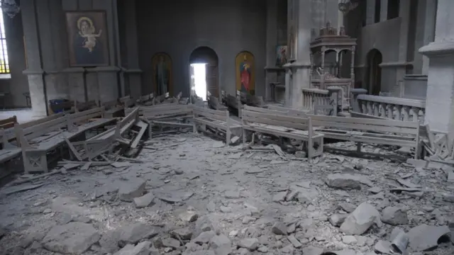 A church in Shusha/Shushi which Armenian forces say was deliberately targeted by Azerbaijan