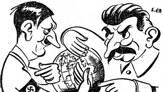 લા બૅટેલે પૉલિટિક એટ લિટેરૅરમાં 30 એપ્રિલ 1947માં પ્રકાશિક એડોલ્ફ હિટલર અને સ્ટાલિનનું વ્યંગચિત્ર