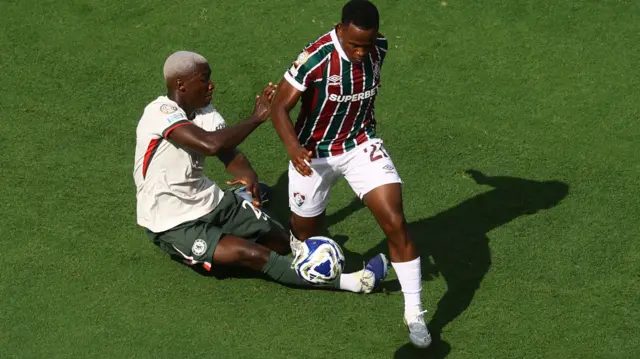 Jhon Arias goes past Chelsea's Moises Caicedo while playing for Fluminense at the Club World Cup