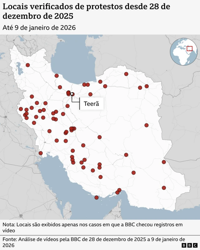 Imagem mostra mapa do Irã e pontos vermelhos indicam locais de protesto