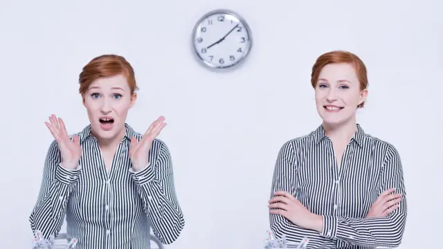 Mujer feliz y mujer estresada