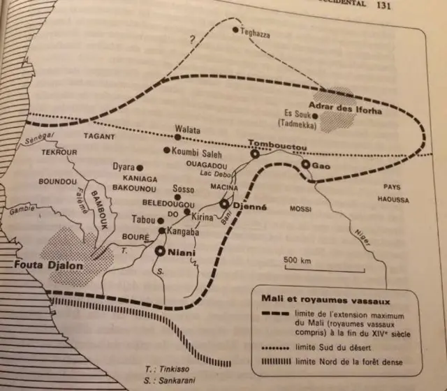 Carte de l'Empire du Mali au 14è siècle (actuels Guinée, Sénégal, Gambie, Mali - de Niani à Kidal, Mauritanie, Niger, extrême sud de l'Algérie). Tiré de l'ouvrage Histoire de l'Afrique Noire (Joseph Ki-Zerbo). 