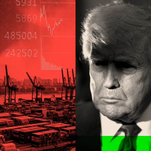 Two treated images showing a cargo ship with a graph with edited figures, and a photo of US President Donald Trump.


