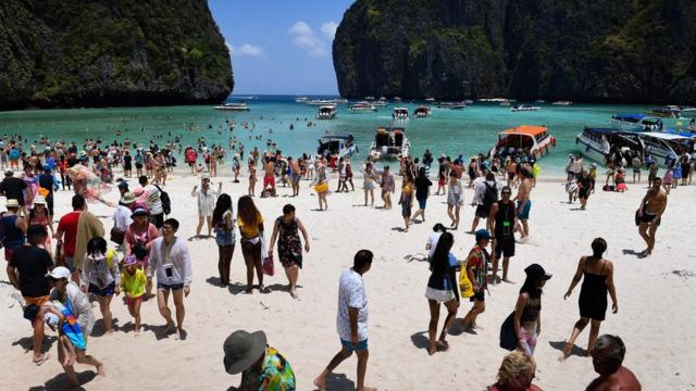 Maya Bay crowded with tourists in April 2018.