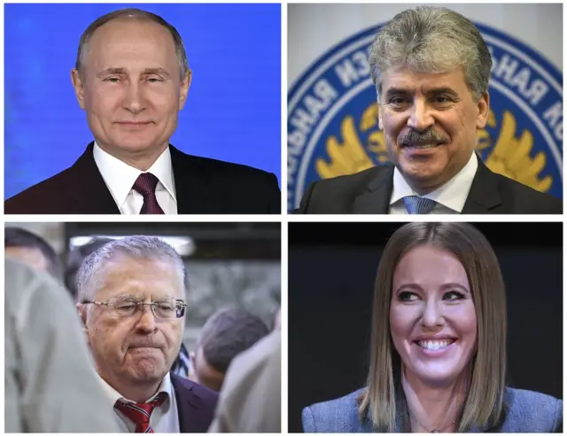 俄羅斯總統普京、獲得俄羅斯聯邦共產黨的支持參選的候選人帕維爾•格魯季寧、俄羅斯政壇老將弗拉基米爾·日裏諾夫斯基和被稱為"俄羅斯版的帕麗斯·希爾頓"的電視名人索布恰克（圖片組合，從左到右）。