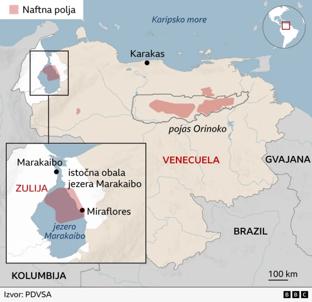 Мапа која приказује језеро Маракаибо на североистоку Венецуеле, поред Карипског мора. Резерве нафте су означене испод језера и у појасу Ориноко у Венецуели на истоку. Држава Зулија је означена око вец́ег дела језера. Суседне земље су такође означене - Гвајана на истоку, Бразил на југу и Колумбија на западу.