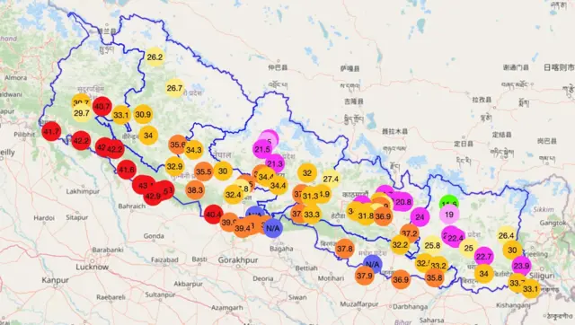 जेठ ३० गते बुधवार दिउँसोको नेपालका विभिन्न स्थानमा मापन गरिएको अधिकतम तापक्रम