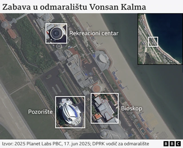 сателитски снимак одмаралишта на коме се види позориште, биоскоп и рекреациони центар 