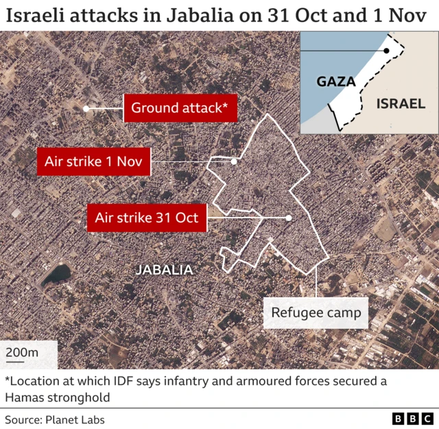 이스라엘 방위군이 보병과 기갑부대가 하마스의 거점을 확보했다고 밝힌 지도