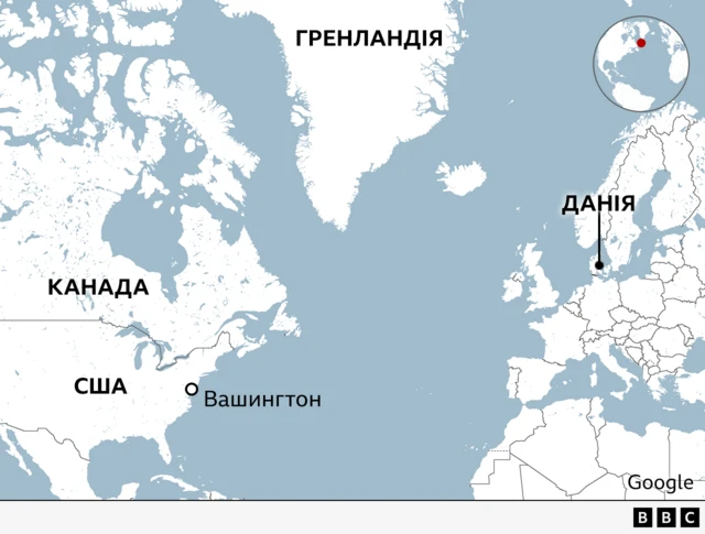 Карта із розташуванням США, Гренландії та Данії