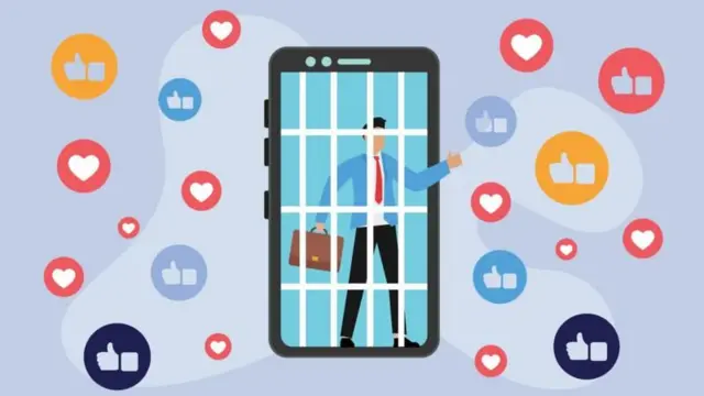 मोबाइल फोनभित्र बन्द एक व्यक्ति र सामाजिक सञ्जालमा प्रयोग हुने विभिन्न इमोजीहरू भएको साङ्केतिक चित्राङ्कन