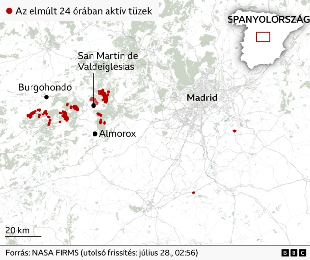 Spanyolország térképe, amelyen Madrid látható, Madridtól balra pedig piros színnel jelölt területek mutatják az aktív tüzek helyszíneit.