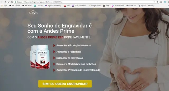 Imagem mostra propagandaroll over bet7k"kit para engravidar" da marca Andes Prime. Publicidade e comércio são proibidos, segundo Anvisa.