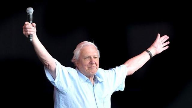 David Attenborough con los brazos en alto saludando a la multitud en Glastonbury en 2019