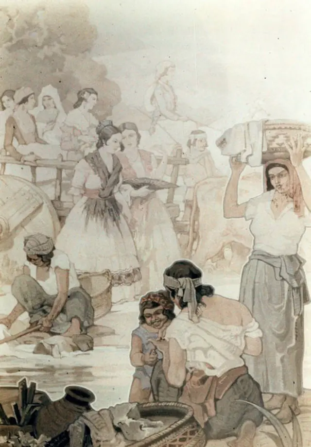 Un panel de un mural hecho por el artista Einar Petersen, titulado "El Rodeo de las aguas".