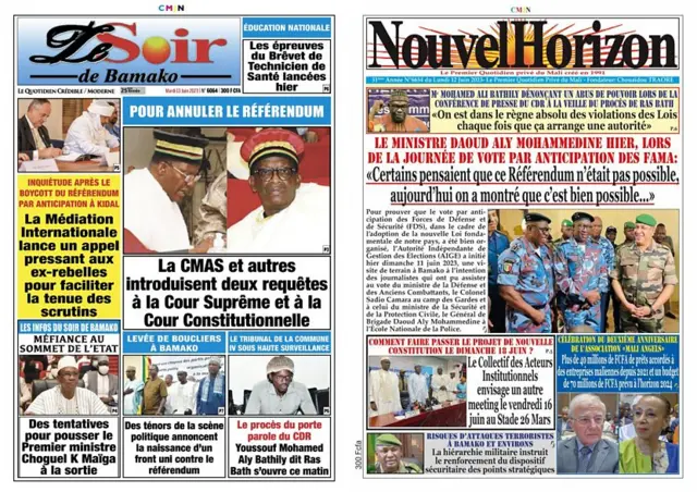 La une de deux journaux locaux, Le Soir (à gauche) et Nouvel Horizon