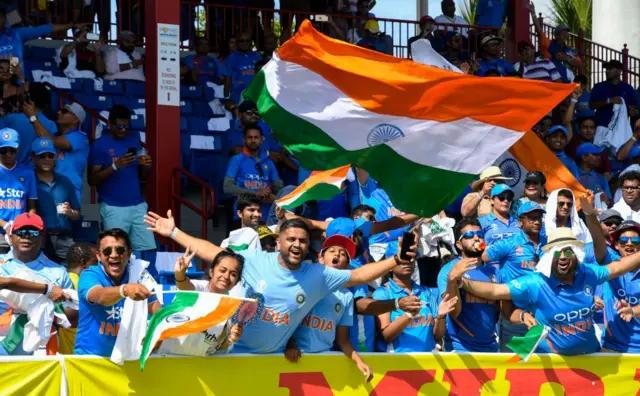 Supporters of India during the 1st T20i match between West Indies and India at Central Broward Regional Park Stadium in Fort Lauderdale, Florida, on August 3, 2019 