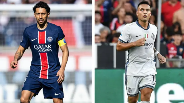 Foto collage of PSG Captain Marquinhos wey wear navy blue jersey and Inter Captain, Lautaro Martínez wey wear all -white jersey