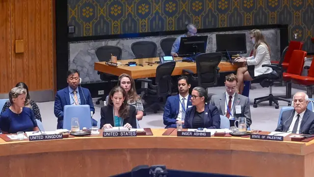 السفيرة دوروثي سي. شيا، القائمة بأعمال مندوب الولايات المتحدة لدى الأمم المتحدة، تُلقي كلمةً في اجتماعٍ لمجلس الأمن التابع للأمم المتحدة بشأن الصراع الإسرائيلي الفلسطيني في مقر الأمم المتحدة بمدينة نيويورك،