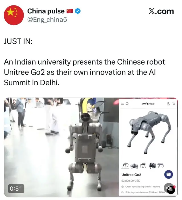 چائنہ پلس ایکس اکاؤنٹ کی پوسٹ۔ جس میں دعویٰ ہے کہ یونی ٹری ڈاگ چین میں بنایا گیا