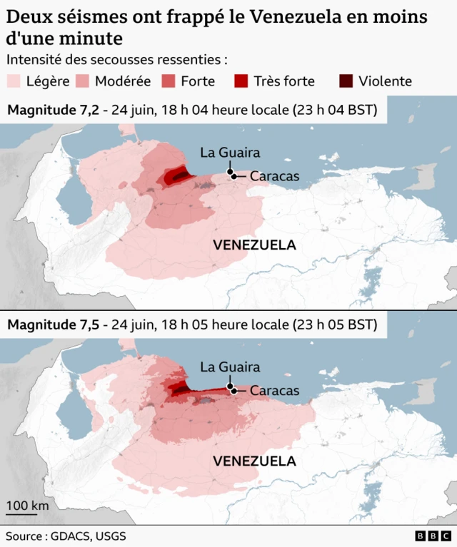 La carte des deux séismes qui ont frappé le Venezuela