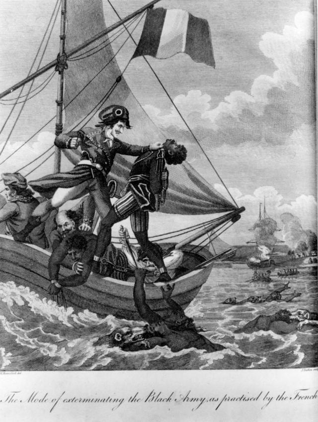 Ilustração mostra um marinheiro francês branco jogando homens negros ao mar