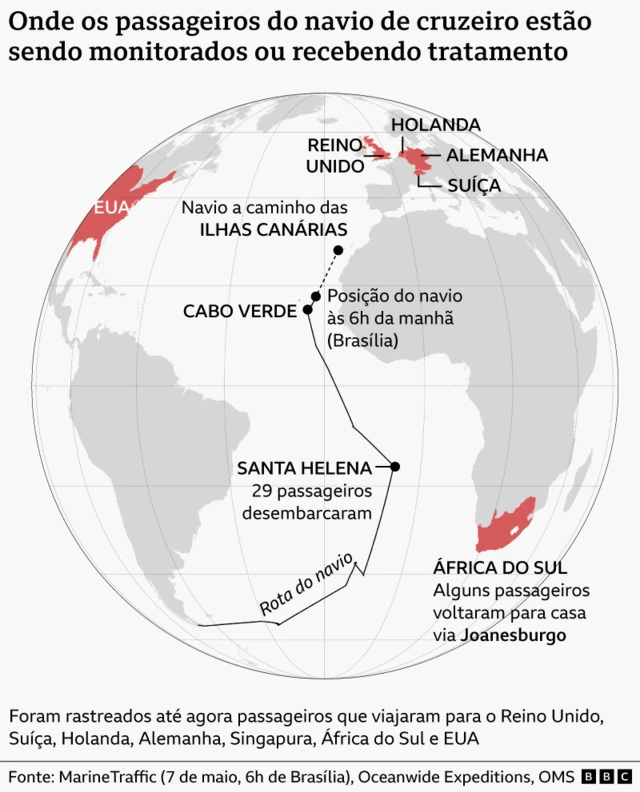 Mapa mostrando a rota e a posição atual do navio onde ocorreu o surto de hantavírus