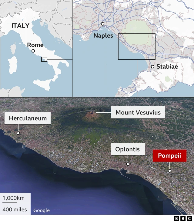 Map locating Pompeii near Naples in the south of Italy