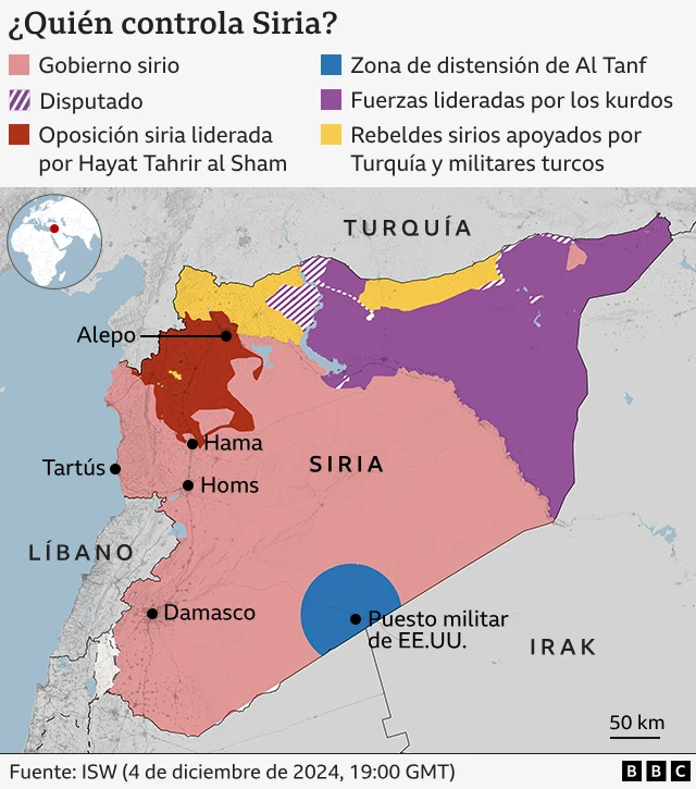 Mapa del control de Siria al 4 de diciembre de 2024