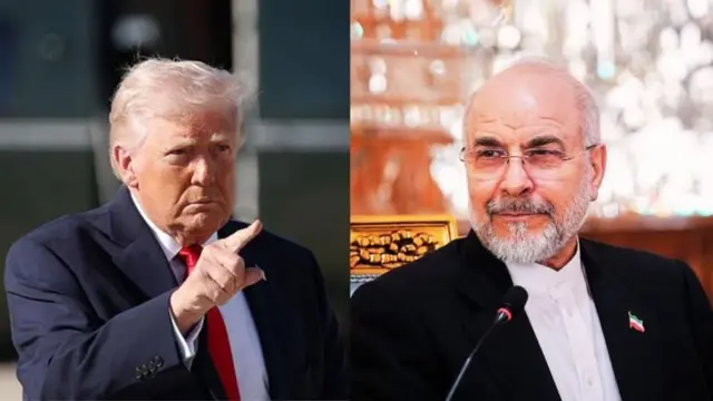 ईरानी संसद के अध्यक्ष मोहम्मद बग़र ग़ालिबाफ़ (दाएं) ने डोनाल्ड ट्रंप पर झूठ बोलने का आरोप लगाया