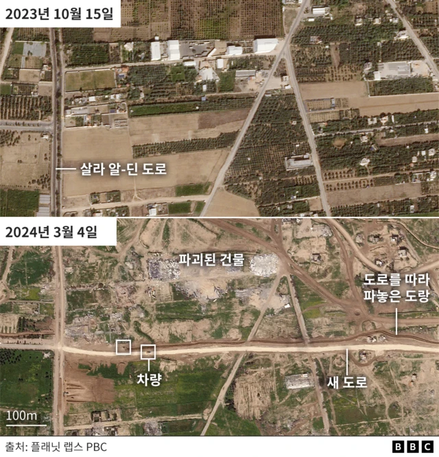 2023년 10월 15일과 2024년 3월 4일 자 위성 사진으로 살펴본 새 도로