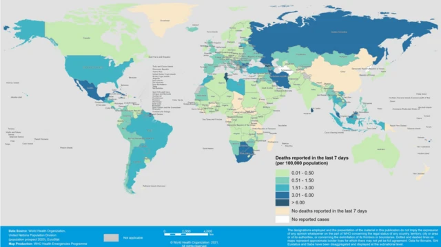 COVID-19 deaths per 100 000 population reported by countries, territories and areas, 23 - 29 August 2021