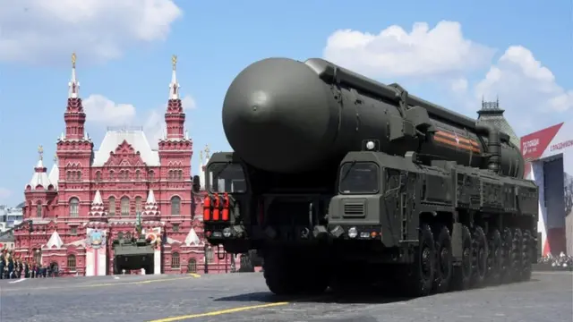 A Russian Yars intercontinental ballistic missile system drives during the Victory Day Parade in Red Square in Moscow, Russia, June 24, 2020.