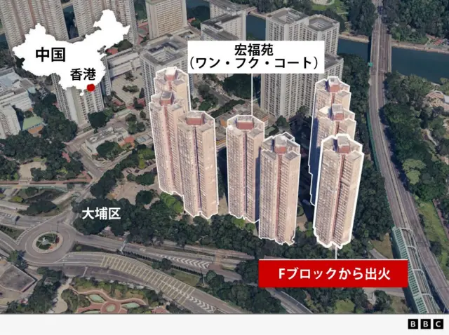 火災があった香港の高層住宅群の上空からの全景写真。8棟が隣接して建っている様子がわかる。そのうちの1棟に、「Fブロックから出火」というコメントがついている