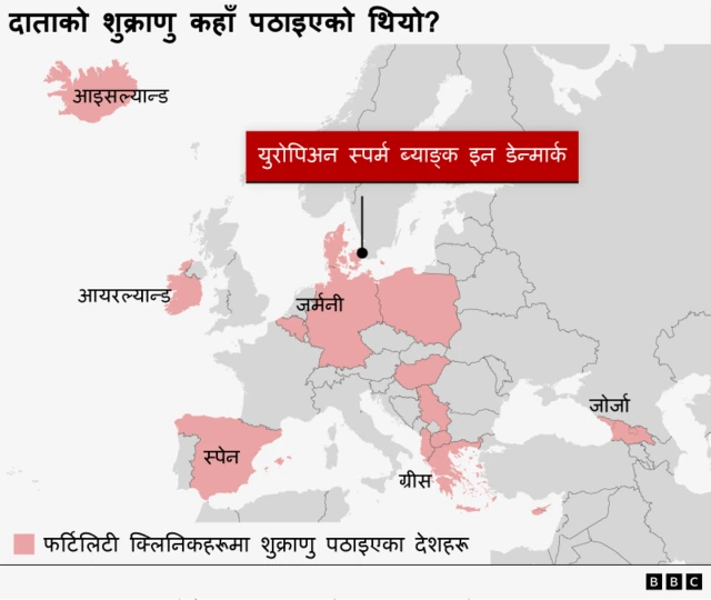 युरोपको नक्शा - ती दाताको शुक्राणु प्रयोग गरेका फर्टिलिटी क्लिनिकहरू भएका देशहरू देखाइएको - डेनमार्क, बेल्जियम, आयरल्यान्ड, पोल्यान्ड, अल्बेनिया र सर्बिया रातो चिन्ह लगाइएको चाहिँ कोपेनहेगनस्थित “द युरोपियन स्पर्म ब्याङ्क“