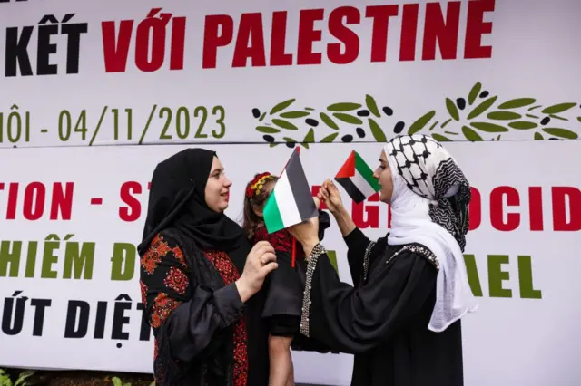 Palestinian residents of Hanoi attend a memorial for slain Palestinians on November 04, 2023 in Hanoi, 