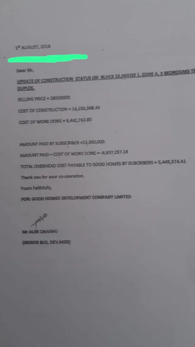 Update letter from di Senior Business Developer of Good Homes, Mr Alex Onaiwu to one of di subscribers about im suppose house.